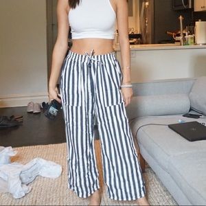 White and navy striped pants